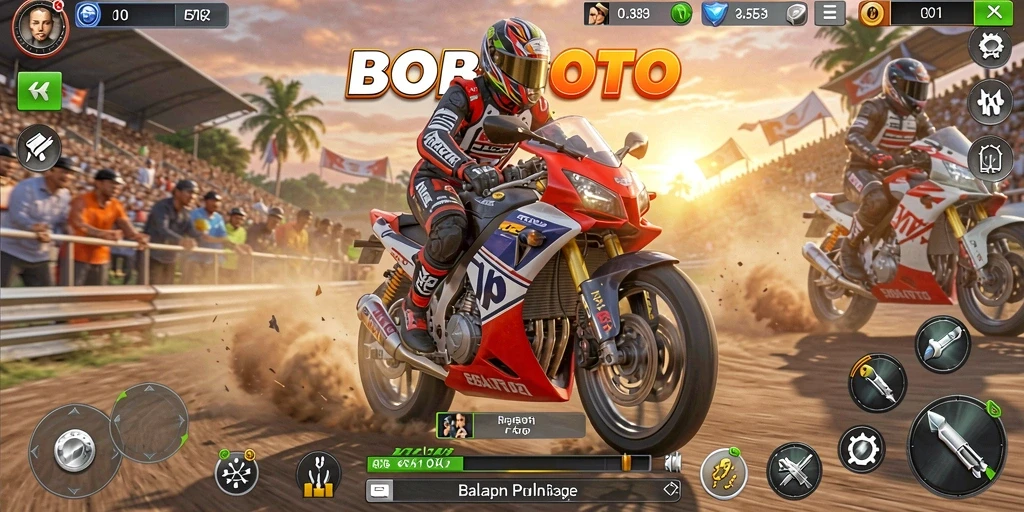 Screenshot utama BOBATOTO menampilkan aksi balapan motor yang seru.