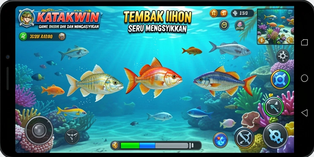 Tampilan gameplay KATAKWIN saat menembak ikan berwarna-warni.