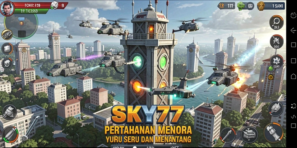 Tampilan menarik dari gameplay Tower Defense di SKY77.